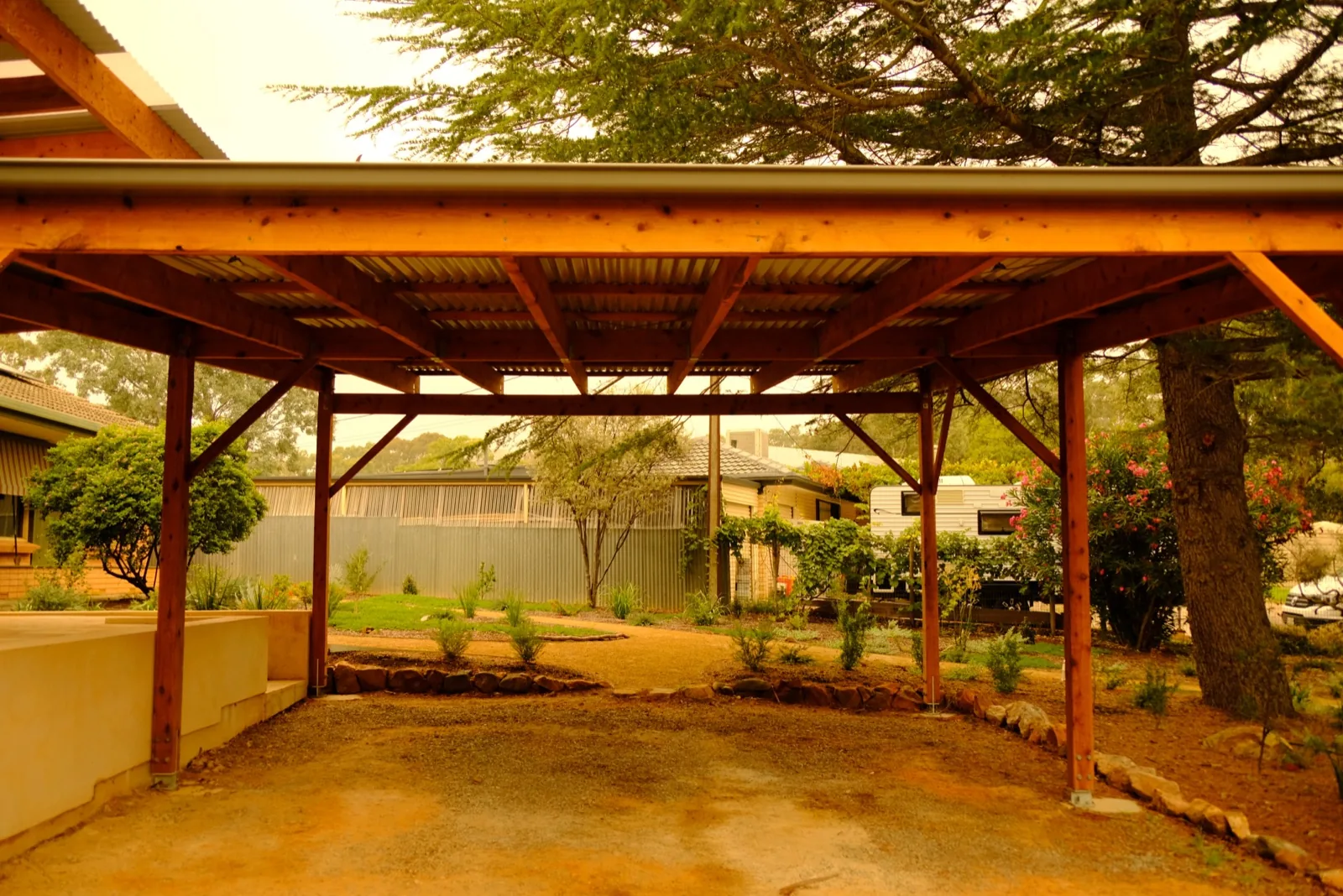 Timber pergola beam detail showing clean joinery and natural grain